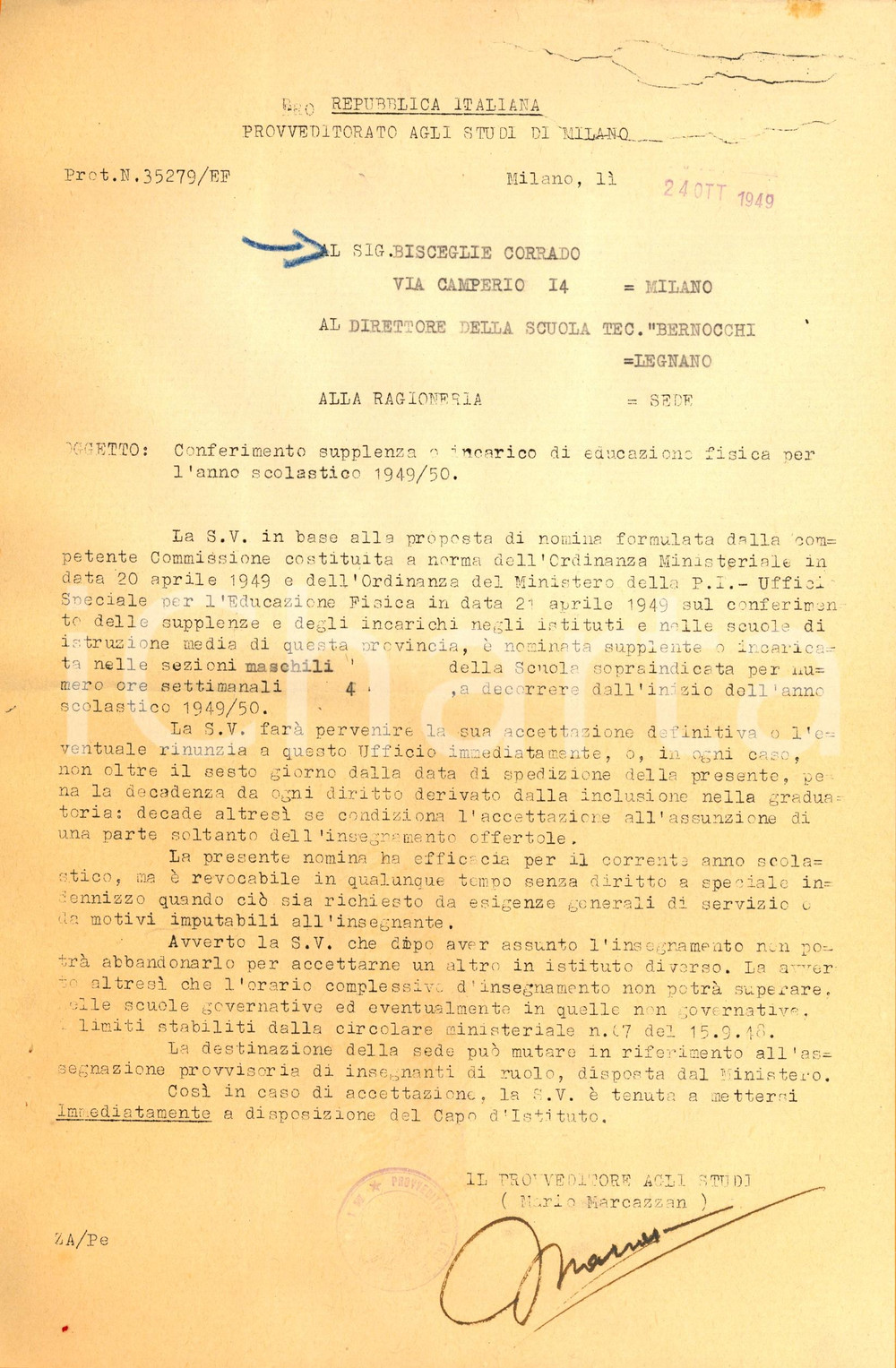 Documento originale, autentico 1949 MILANO Provveditorato Studi Nomina insegnante Istituto BERNOCCHI di LEGNANO 1