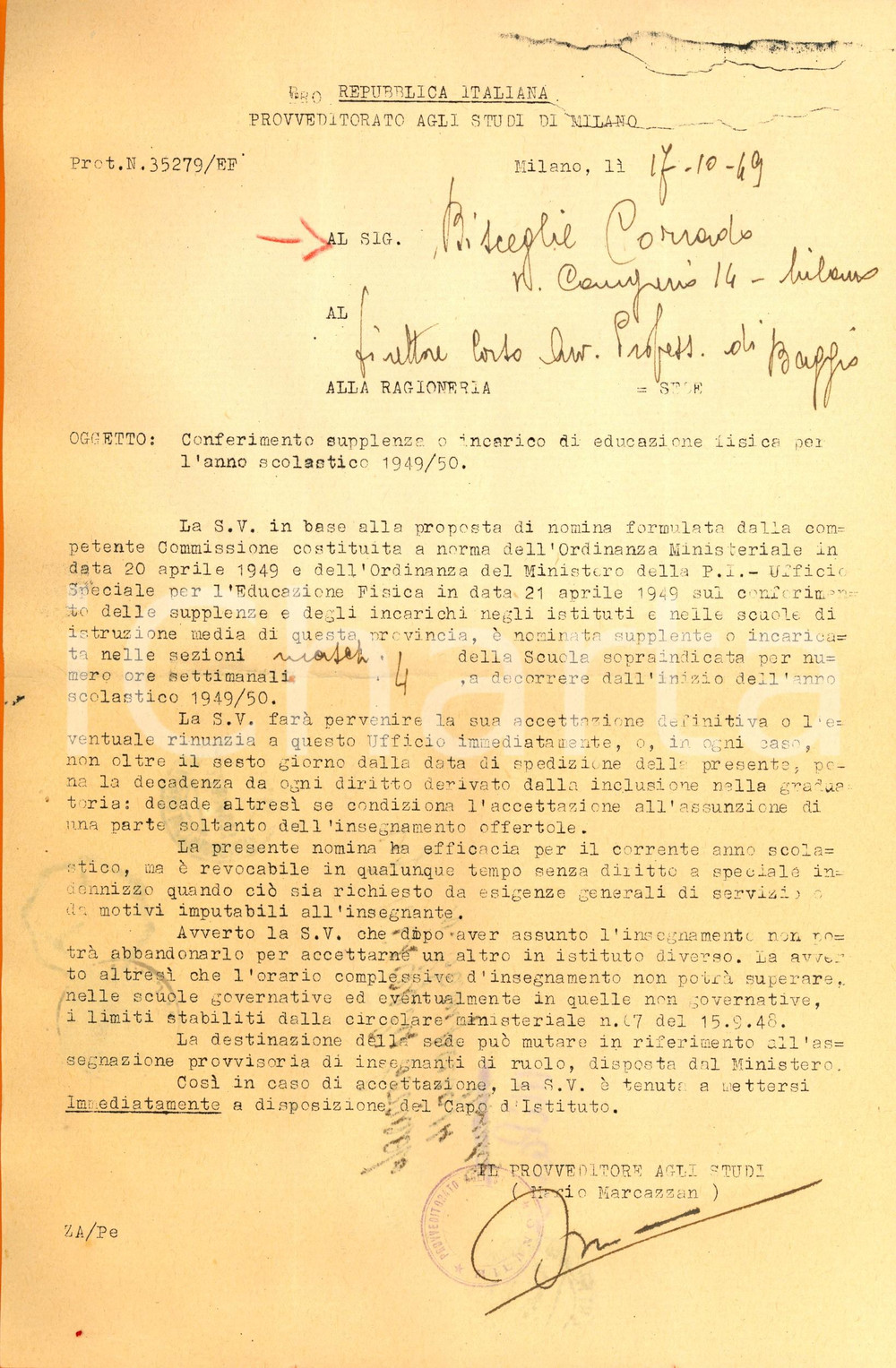 Documento originale, autentico 1949 MILANO Provveditorato Studi Nomina insegnante scuola avviamento di BAGGIO 1