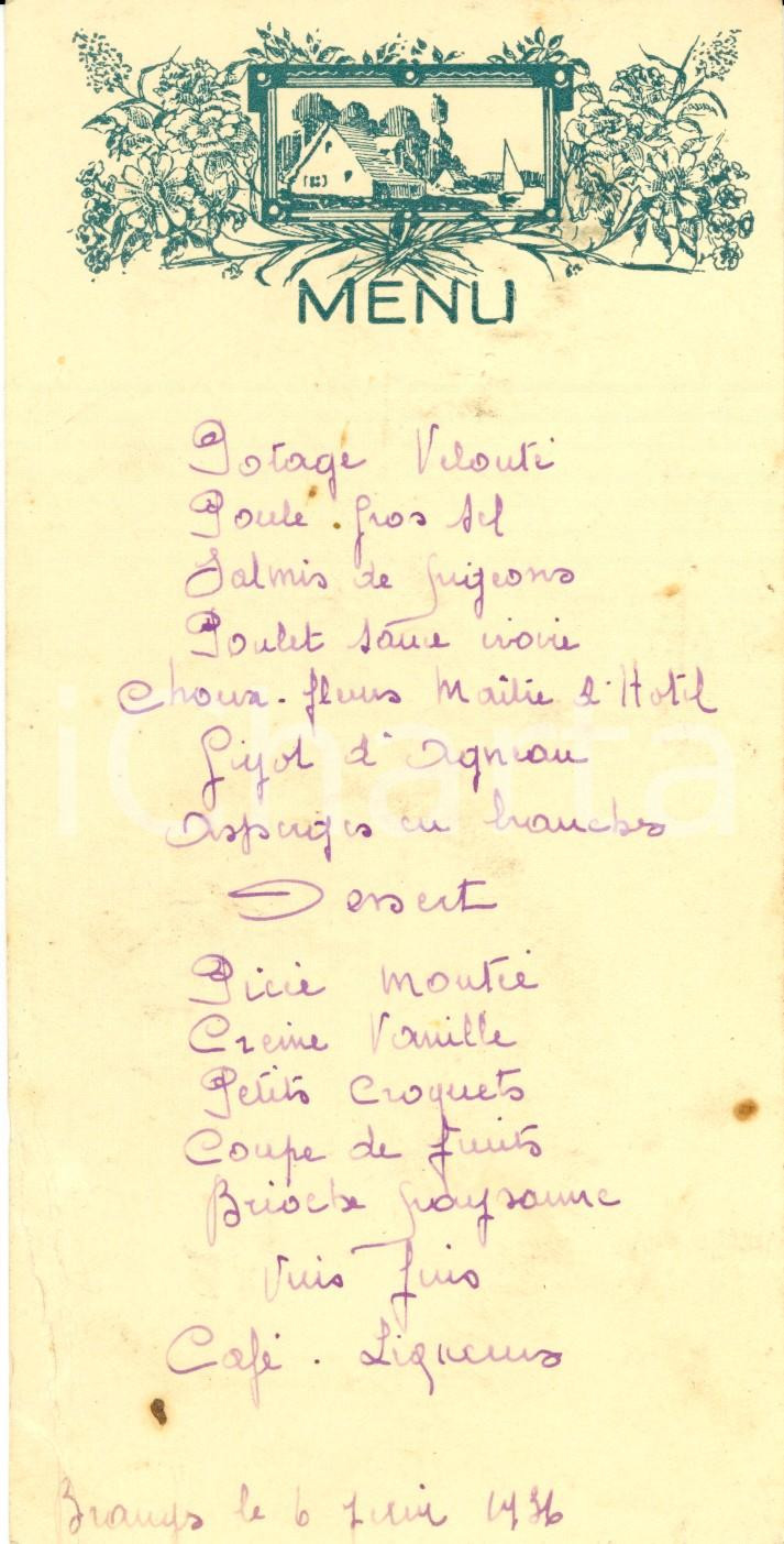 Oggetto da collezione cartaceo 1936 BRANGES FRANCE MenÃ¹ manoscritto per un banchetto conviviale ILLUSTRATO 1