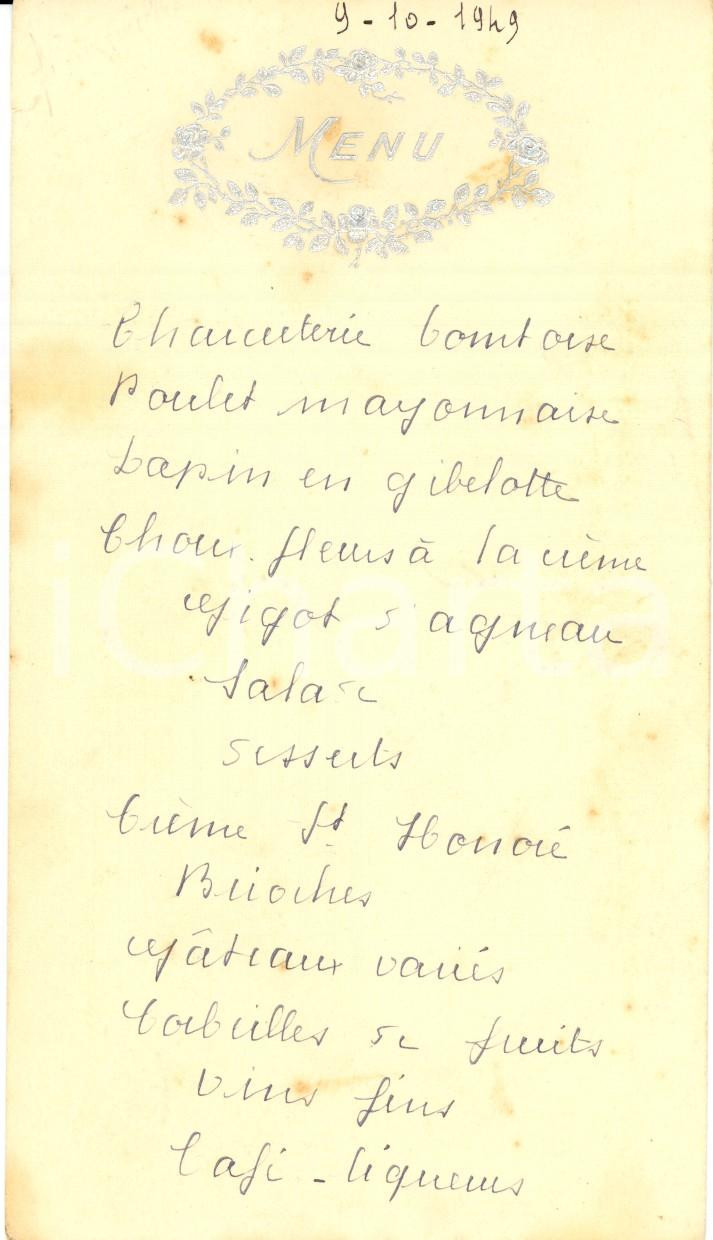 Oggetto da collezione cartaceo 1949 BRANGES FRANCE ? MenÃ¹ manoscritto per banchetto della Prima Comunione 1