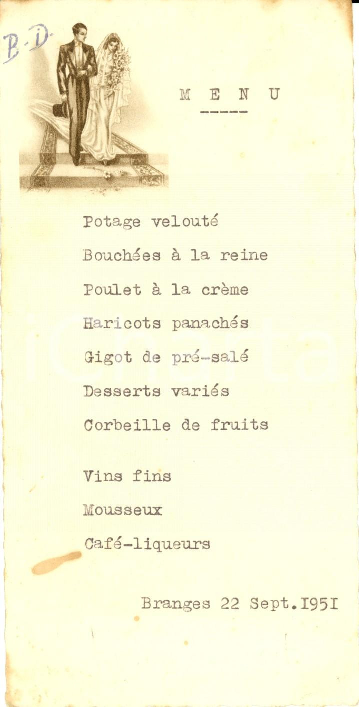 Oggetto da collezione cartaceo 1951 BRANGES F Mariage BUATOISDUMONT MenÃ¹ DATTILOSCRITTO per matrimonio 1