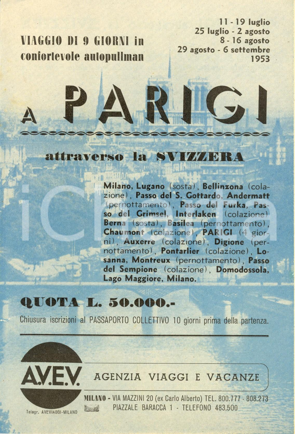 Materiale pubblicitario d’epoca 1953 MILANO Agenzia AVEV Viaggio a PARIGI attraverso la SVIZZERA Opuscolo 1
