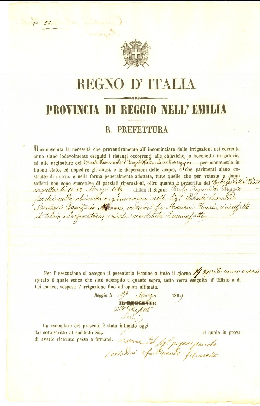 Documento originale, autentico 1869 REGGIO EMILIA Paolo PAGANI ricostruisce telaio e paratoia Documento 1