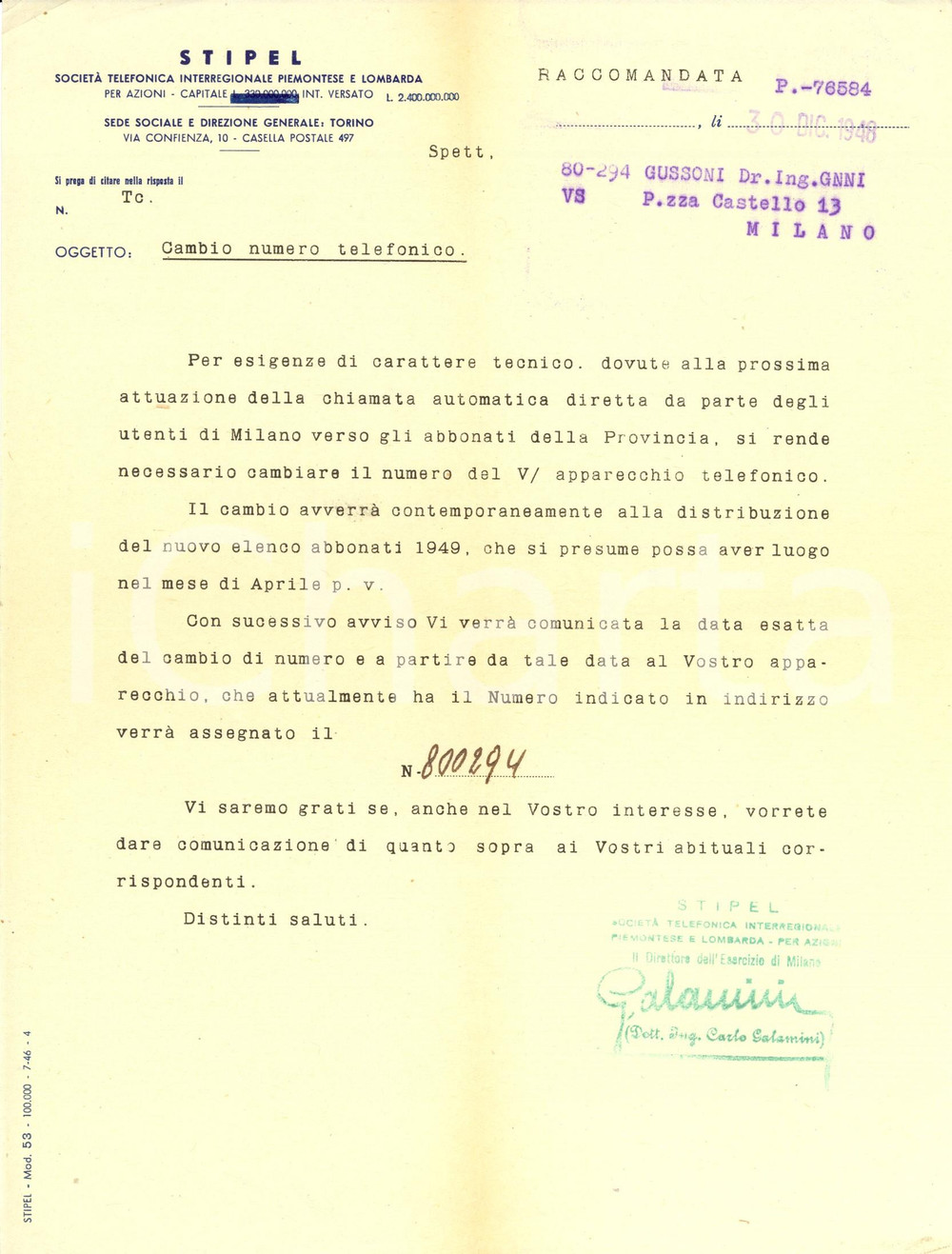 Manoscritto, lettera originale 1948 TORINO STIPEL Comunicazione cambio numero telefonico Lettera INTESTATA 1