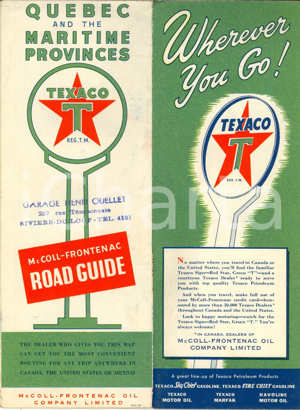 Mappa, planimetria storica 1956 QUEBEC CANADA Road guide of Maritime Provinces TEXACO MCCOLLFRONTENAC 1