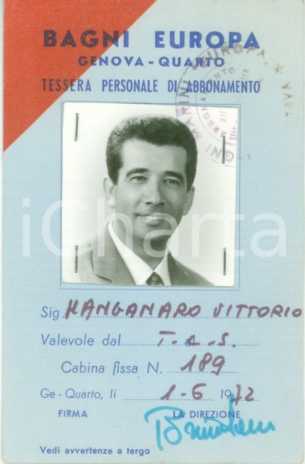 Oggetto da collezione cartaceo 1972 GENOVA QUARTO Bagni EUROPA Tessera di Vittorio MANGANARO Con fotografia 1