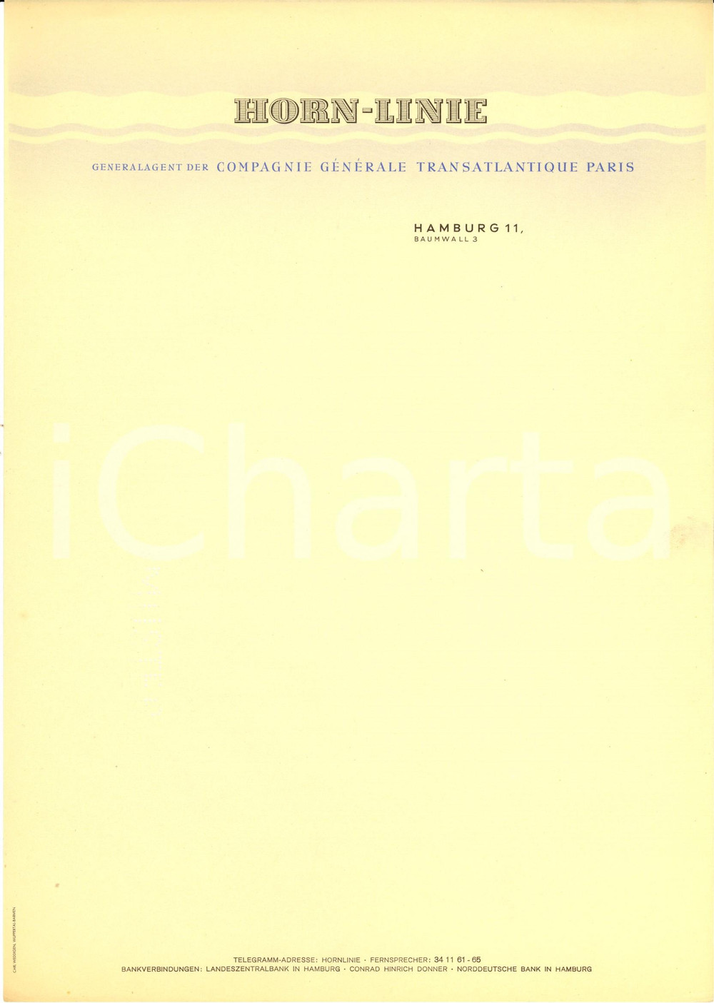 Materiale pubblicitario d’epoca 1950 ca HAMBURG D HORNLINIE generalagent COMPAGNIE TRANSATLANTIQUE PARIS 1