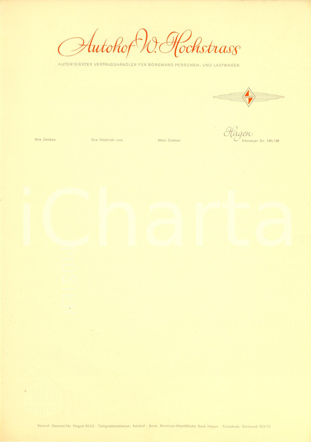 Materiale pubblicitario d’epoca 1950 ca HAGEN D Autohof W. HOCHSTRASS vertragshandler BORGWARD Carta intestata 1