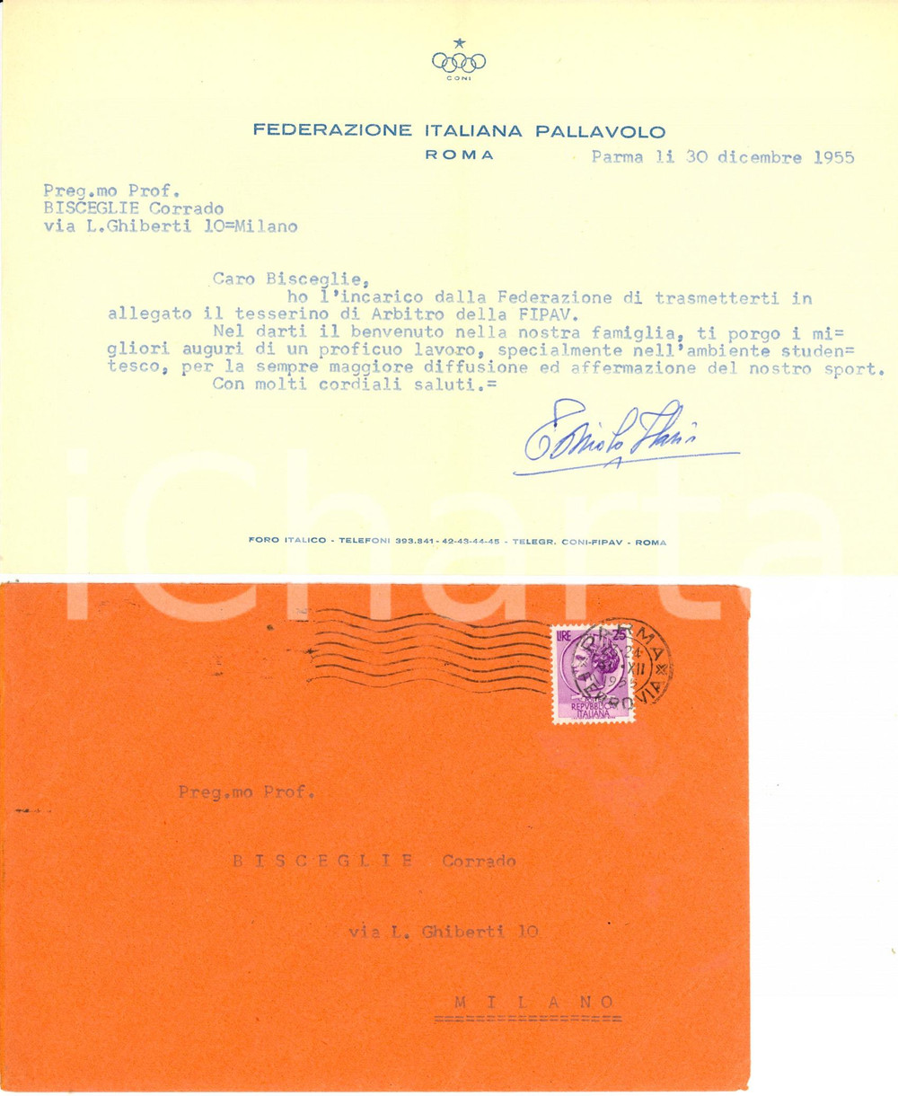 Documento originale, autentico 1955 PARMA FIPAV Rilascio tesserino arbitro Autografo Ilario TONIOLO INTESTATA 1