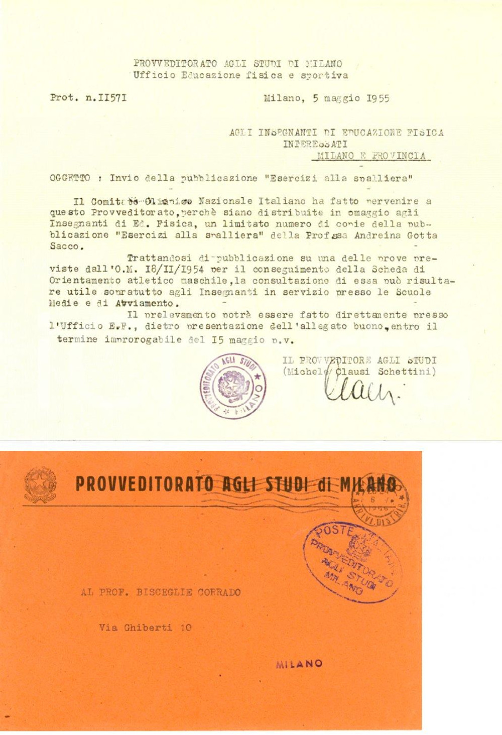Documento originale, autentico 1955 MILANO Provveditorato Studi Andreina GOTTA SACCO Esercizi alla spalliera 1