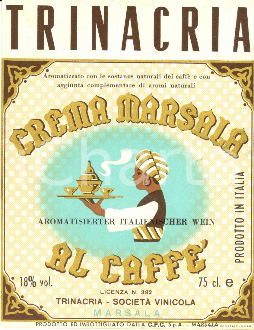 Materiale pubblicitario d’epoca 1950 ca TRINACRIA SocietÃ  vinicola Crema MARSALA al caffé Etichetta ILLUSTRATA 1
