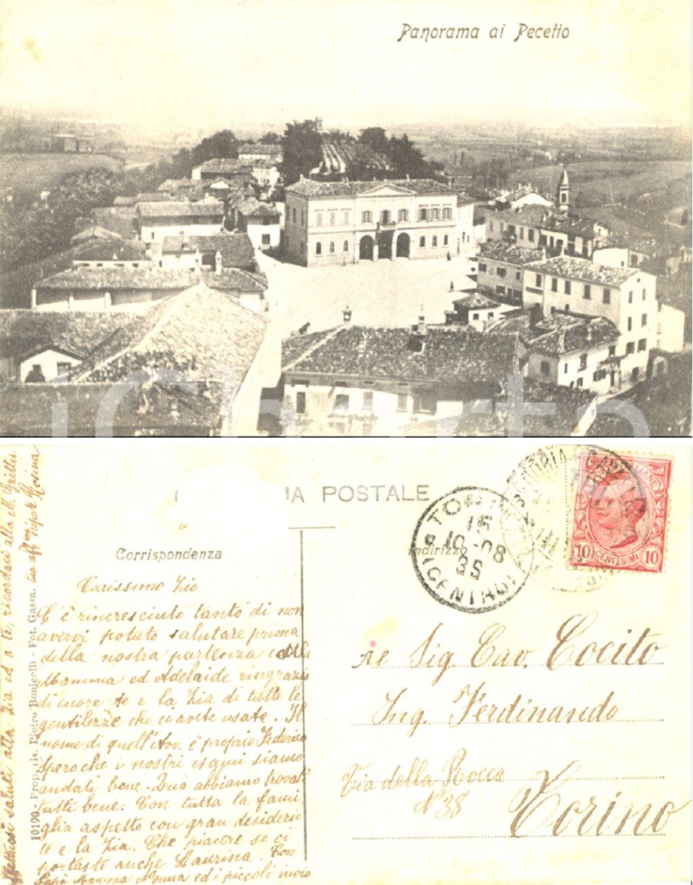 Autografo originale 1908 PECETTO TO Veduta panoramica Cartolina a Ferdinando COCITO FP VG 1
