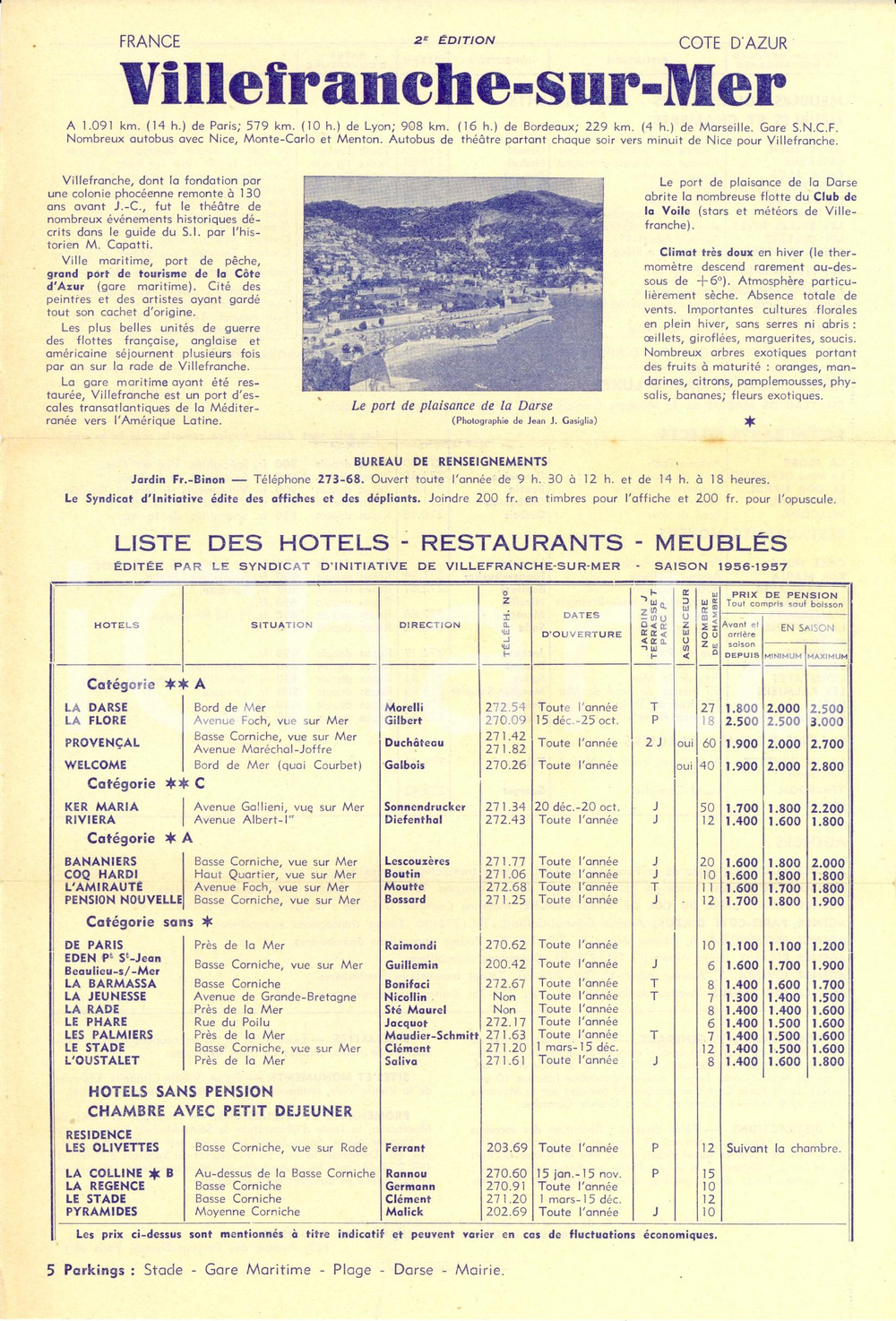Materiale pubblicitario d’epoca 1955 ca VILLEFRANCHESURMER F COTE D AZUR Liste hotels, restaurants, meublÃ©s 1