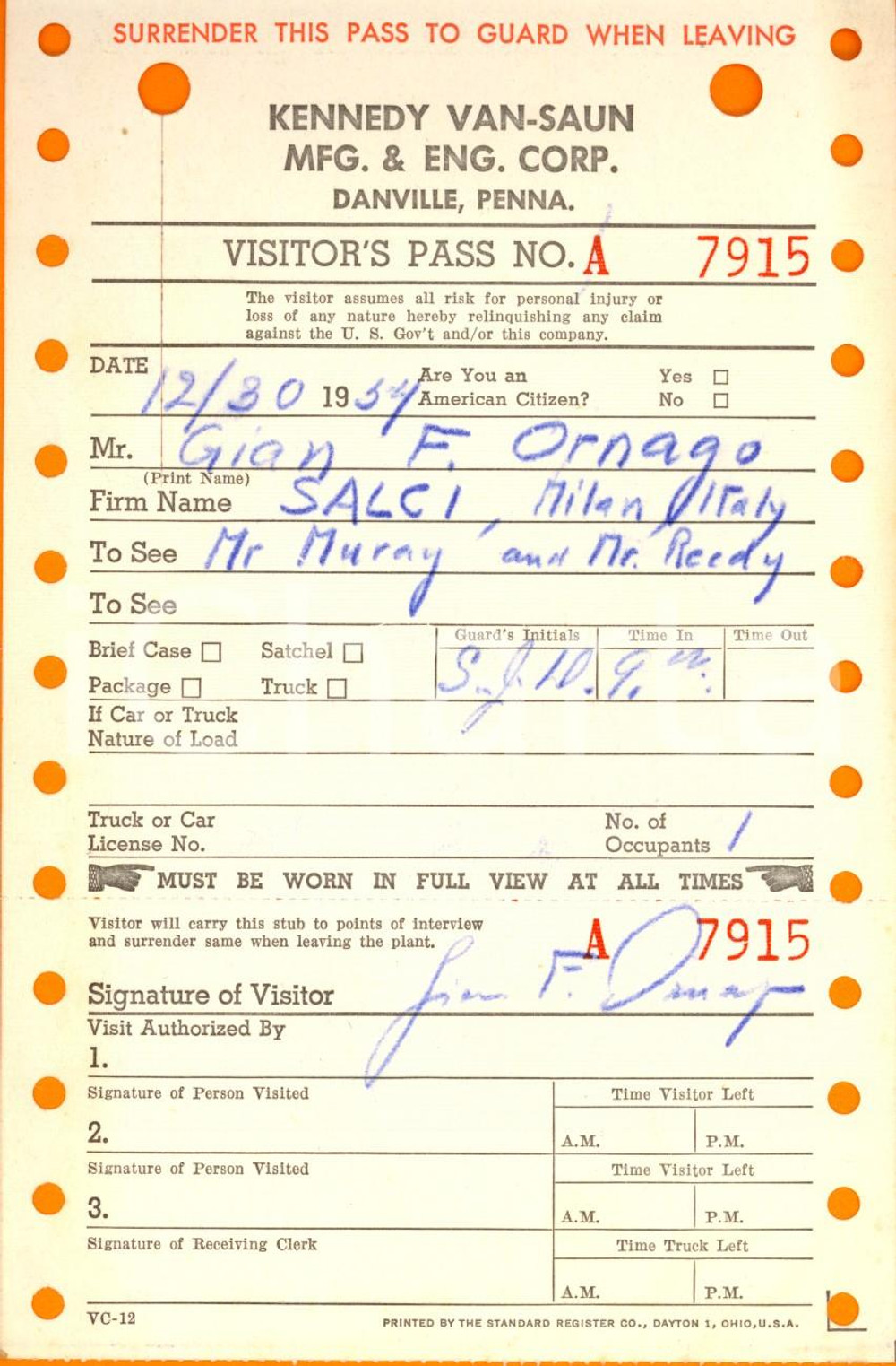 Documento originale, autentico 1954 DANVILLE USA KENNEDY VANSAUN corporation Visitor s pass Biglietto 1