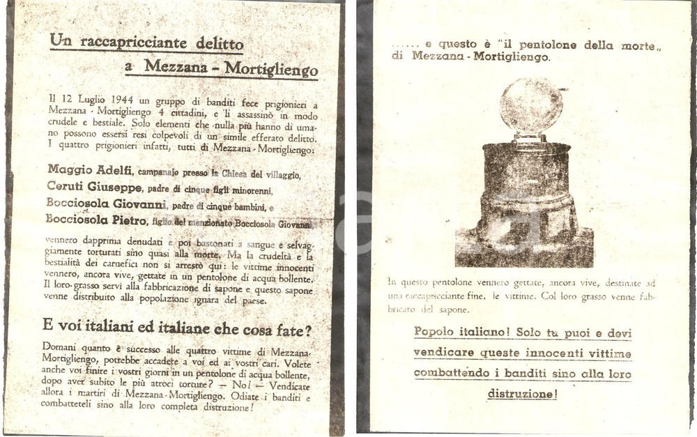 Documento originale, autentico 1944 WW2 MA COPIE ANNI  60 MEZZANA MORTIGLIENGO RSI Pentolone della morte 1