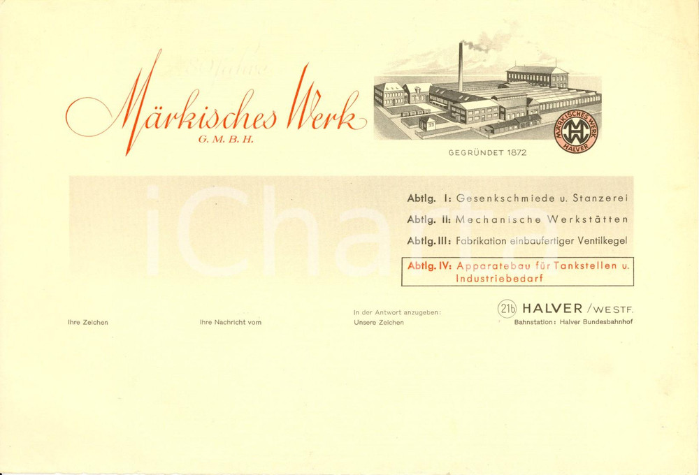 Materiale pubblicitario d’epoca 1952 HALVER D MARKISCHES Werk G.M.B.H. Carta intestata ILLUSTRATA DANNEGGIATA 1