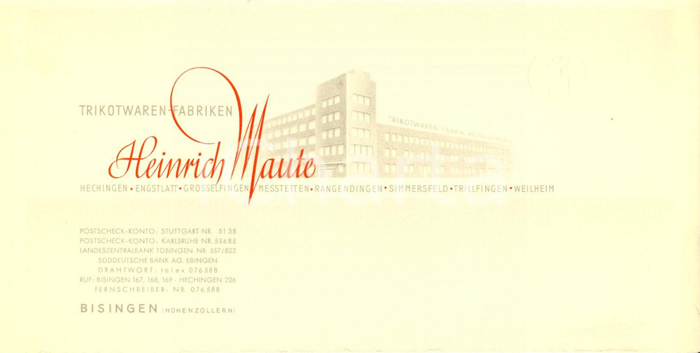 Materiale pubblicitario d’epoca 1950 ca BISINGEN D Trikotwarenfabriken Heinrich MAUTE Intestata DANNEGGIATA 1