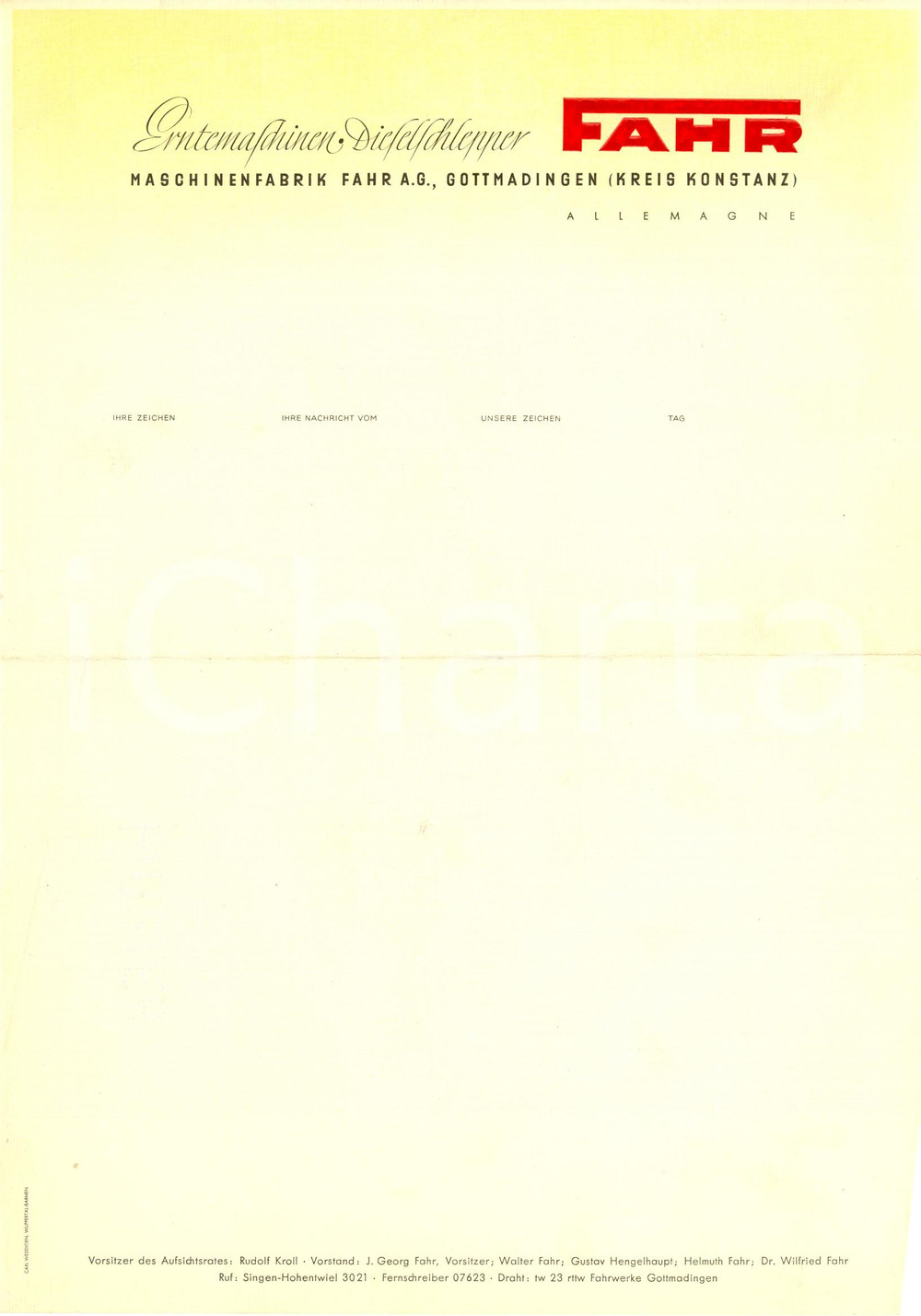 Materiale pubblicitario d’epoca 1950 ca GOTTMADINGEN D Erntemaschinen Dieselschlepper FAHR Carta intestata 1
