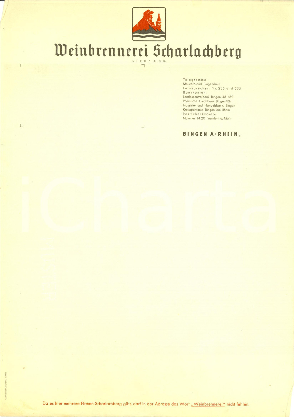 Materiale pubblicitario d’epoca 1950 ca BINGEN AM RHEIN D Weinbrennerei SCHARLACHBERG Sturm & Co. ILLUSTRATA 1