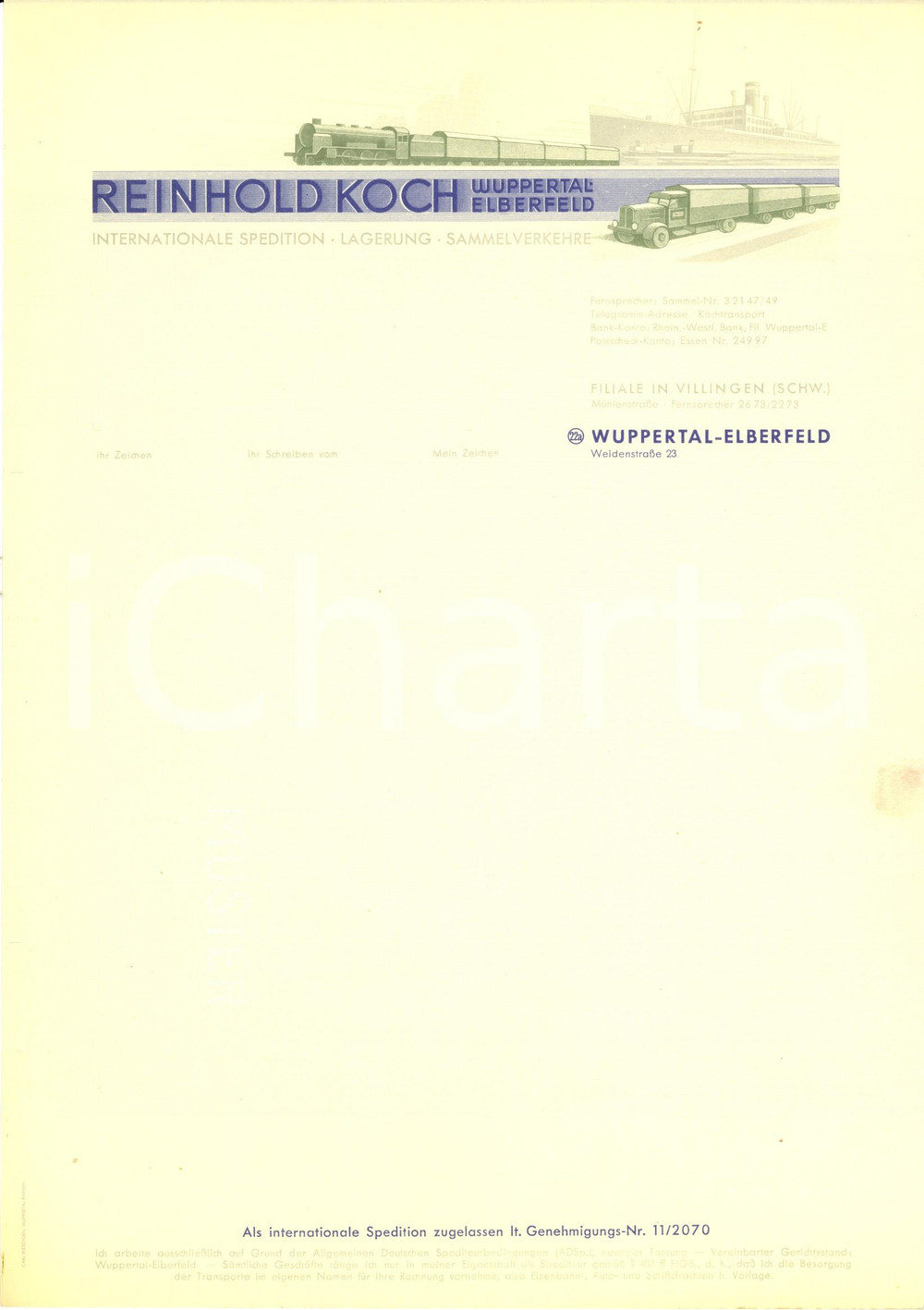 Materiale pubblicitario d’epoca 1950 ca WUPPERTALELBERFELD D Reinhold KOCH spedititon Intestata ILLUSTRATA 1