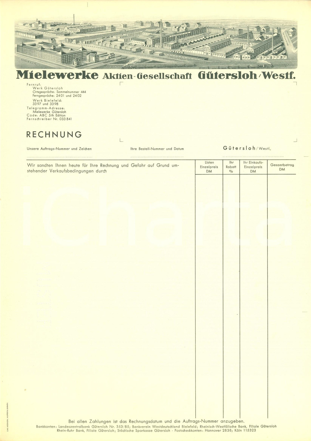 Materiale pubblicitario d’epoca 1950 ca GUTERSLOH D MIELEWERKE aktien gesellschaft Fattura ILLUSTRATA 1
