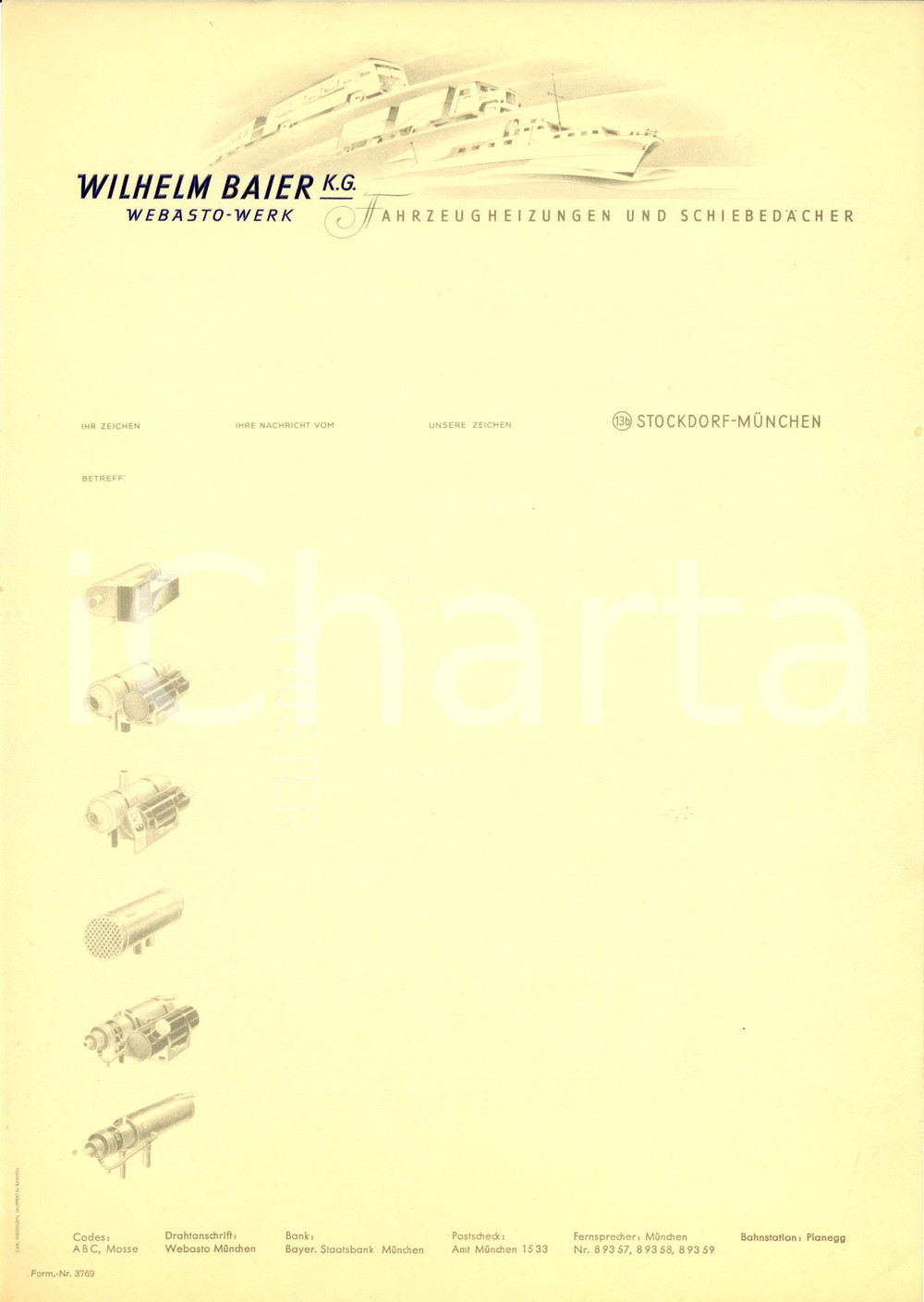Materiale pubblicitario d’epoca 1950 ca STOCKDORFMUNCHEN D Wilhelm BAIER WEBASTOwerk Intestata ILLUSTRATA 1