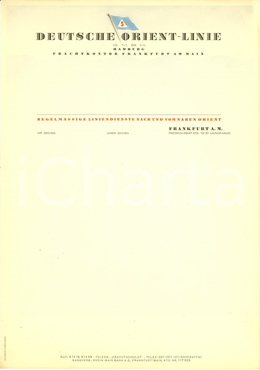 Materiale pubblicitario d’epoca 1950 ca FRANKFURT D DEUTSCHE ORIENTlinie g.m.b.h. Carta intestata ILLUSTRATA 1