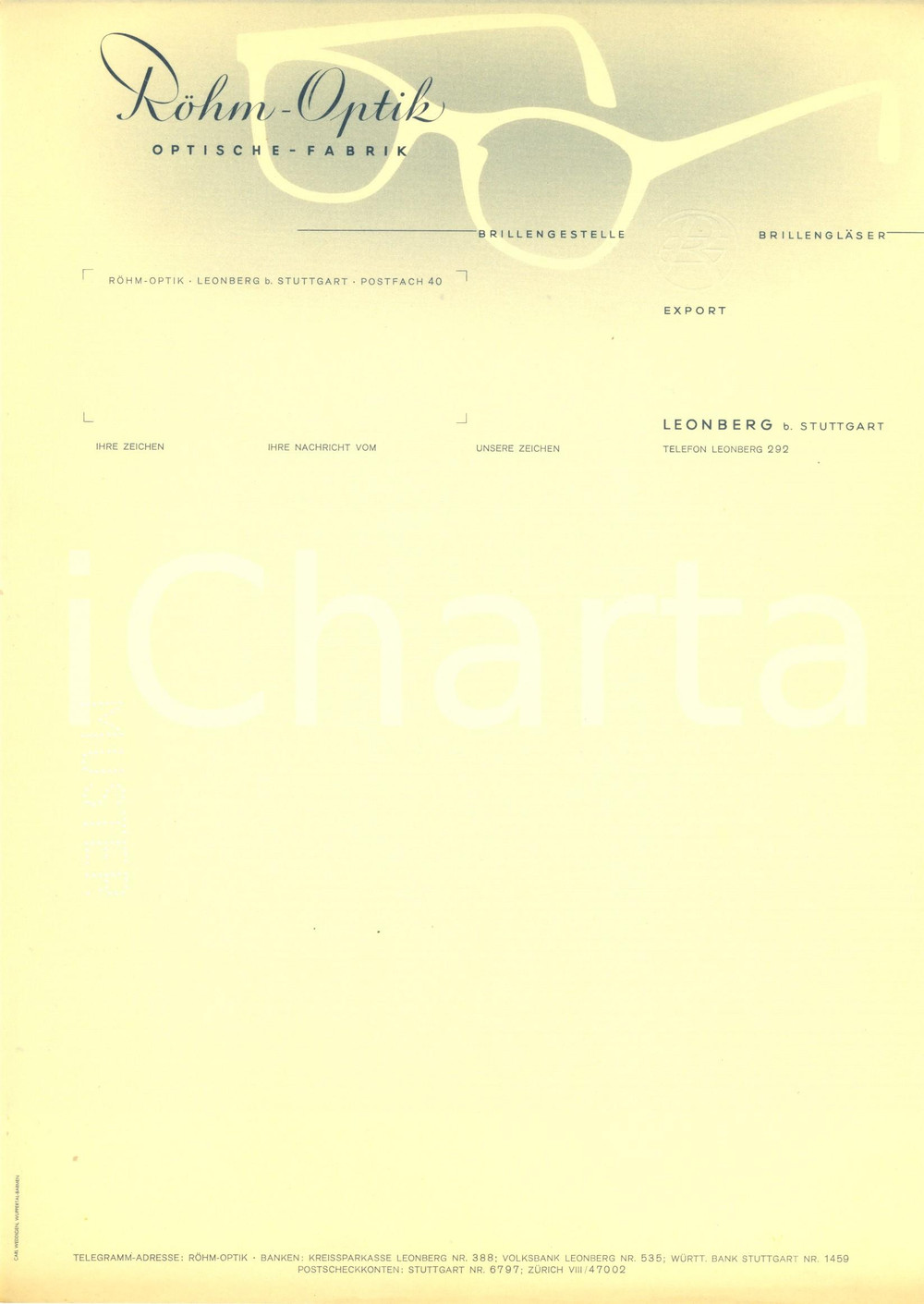 Materiale pubblicitario d’epoca 1950 ca LEONBERG D ROHMOPTIK optischefabrik Carta intestata ILLUSTRATA 1