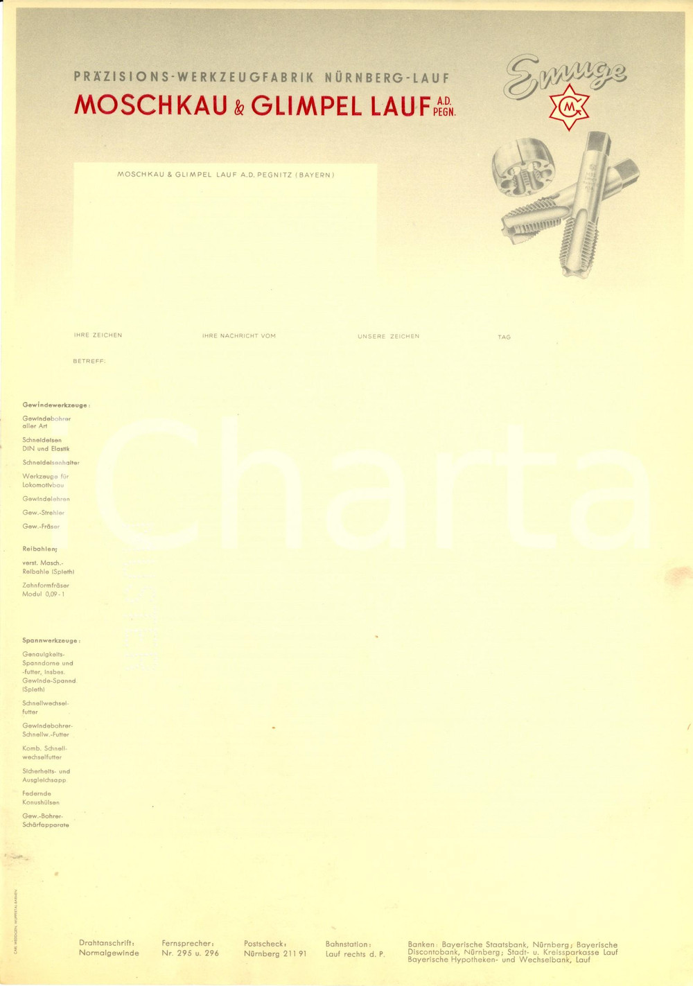 Materiale pubblicitario d’epoca 1950 ca LAUF AN DER PEGNITZ D Werkzeugfabrik MOSCHKAU & GLIMPEL ILLUSTRATA 1