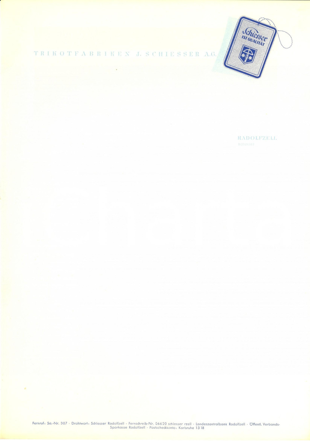 Materiale pubblicitario d’epoca 1950 ca RADOLFZELL AM BODENSEE D J. SCHIESSER trikotfabriken Carta intestata 1