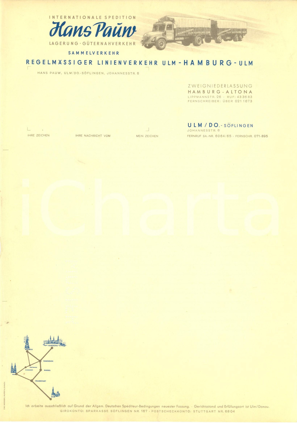 Materiale pubblicitario d’epoca 1950 ca ULM D Hans PAUW internationale spedition Carta intestata ILLUSTRATA 1