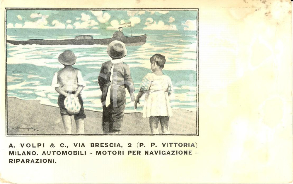 Cartolina originale da collezione 1900 ca MILANO A. VOLPI & C. automobili motori riparazioni Ill. FERRAGUTI FP NV 1