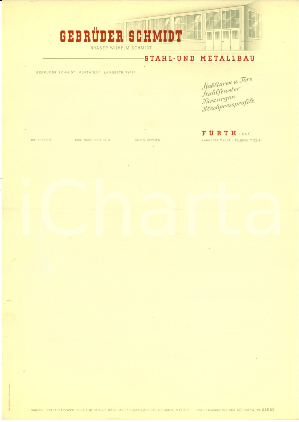 Materiale pubblicitario d’epoca 1950 ca FURTH D GEBRUNDER SCHMIDT stahlund metallbau Intestata ILLUSTRATA 1