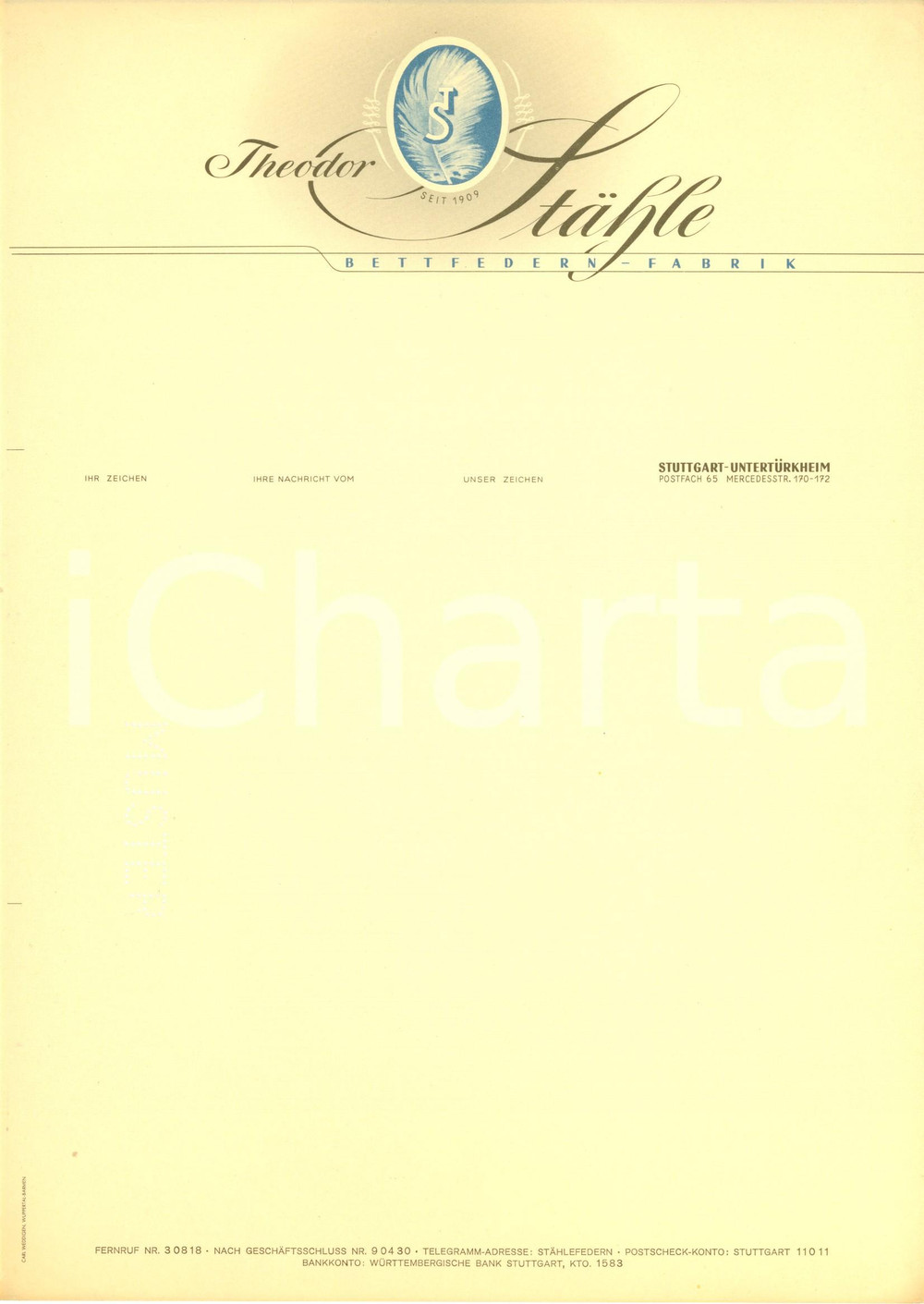 Materiale pubblicitario d’epoca 1950 ca STUTTGARTUNTERTURKHEIM D Theodor STAHLE bettfedernfabrik Intestata 1