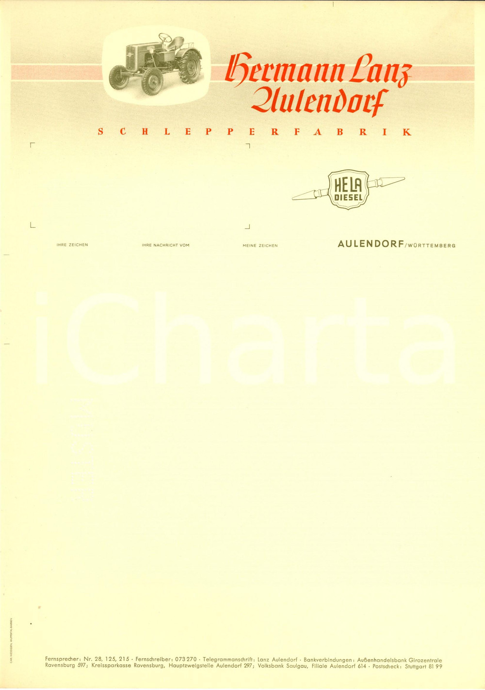 Materiale pubblicitario d’epoca 1950 ca AULENDORF D Hermann LANZ schlepperfabrik HELA diesel Carta intestata 1
