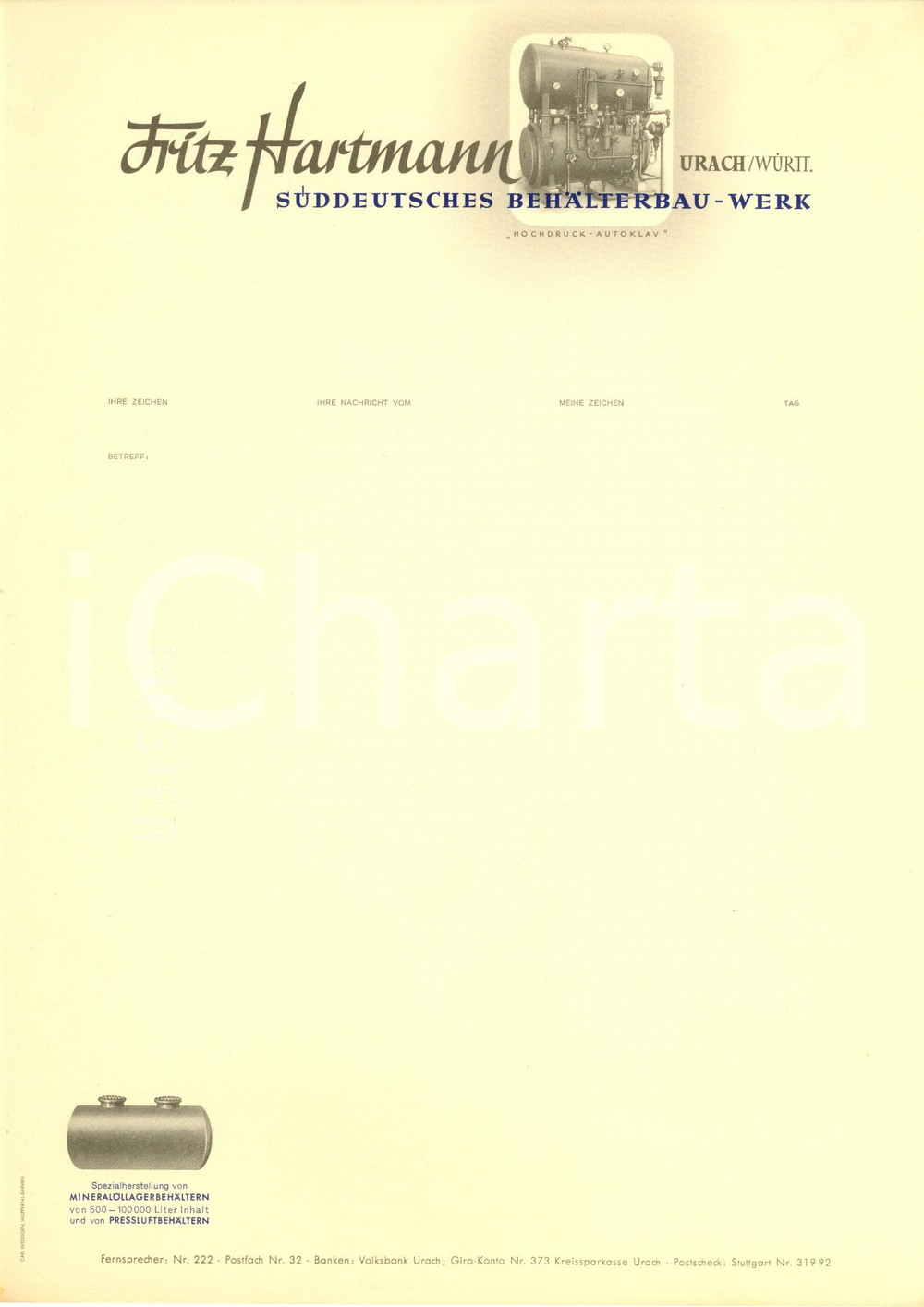 Materiale pubblicitario d’epoca 1950 ca BAD URACH D Fritz HARTMANN suddeutsches behalterbauwerk ILLUSTRATA 1
