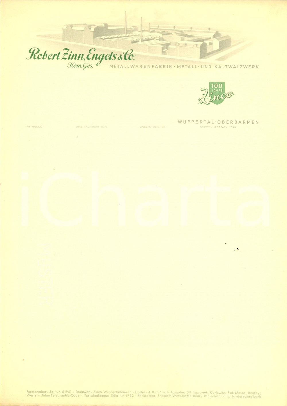 Materiale pubblicitario d’epoca 1950 ca WUPPERTAL D Robert ZINN, ENGELS & Co. metallwarenfabrik ILLUSTRATA 1