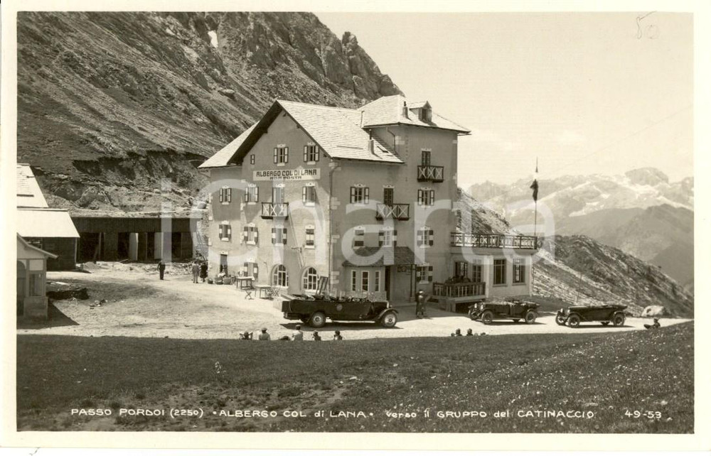 Cartolina originale da collezione 1931 PASSO PORDOI TN Albergo COL DI LANA con automobili e CATINACCIO FP 1