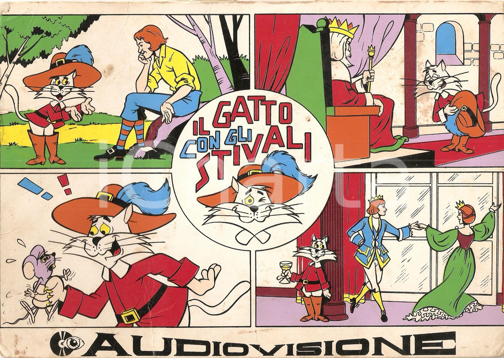 Oggetto da collezione cartaceo 1960 MILANO Ind. Tecnica Italiana Disco AUDIOVISIONE Gatto con stivali 45 GIRI 1