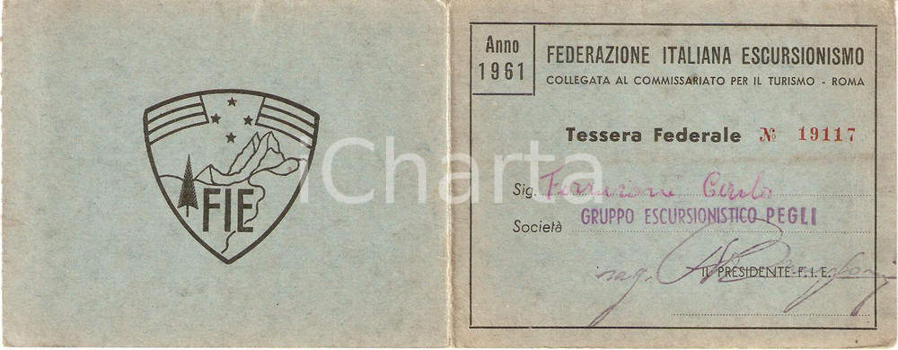 Oggetto da collezione cartaceo 1961 PEGLI Gruppo escursionistico Tessera FEDERAZIONE ITALIANA ESCURSIONISMO 1