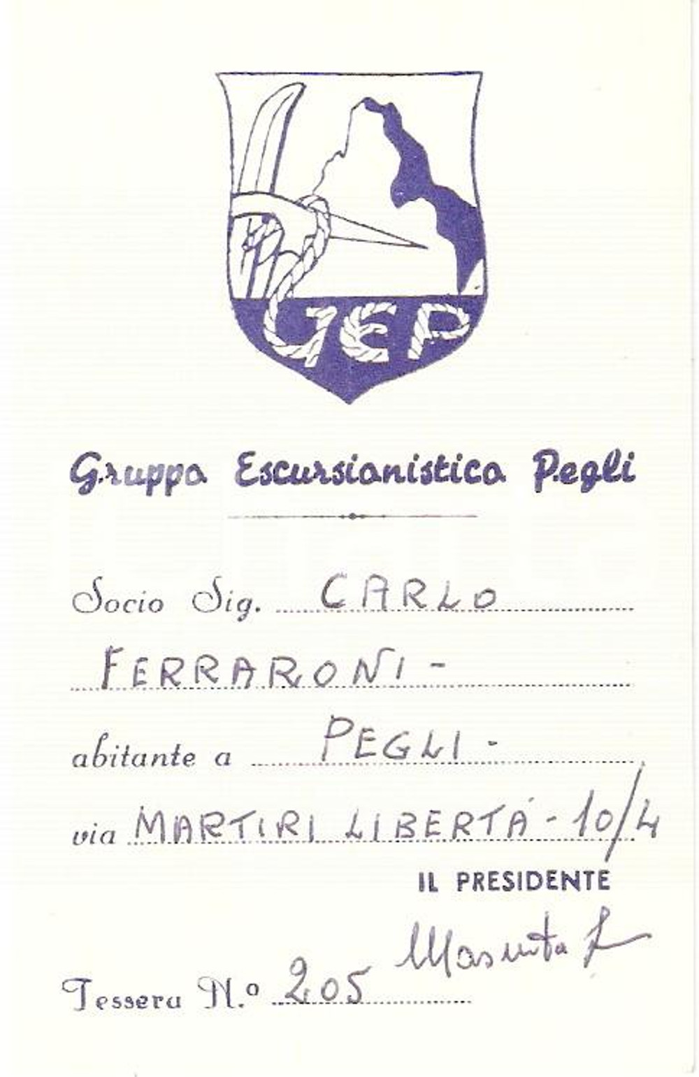Oggetto da collezione cartaceo 1960 PEGLI GE Gruppo escursionistico Tessera 1