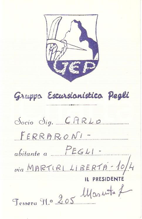 Oggetto da collezione cartaceo 1960 PEGLI GE Gruppo escursionistico Tessera 1