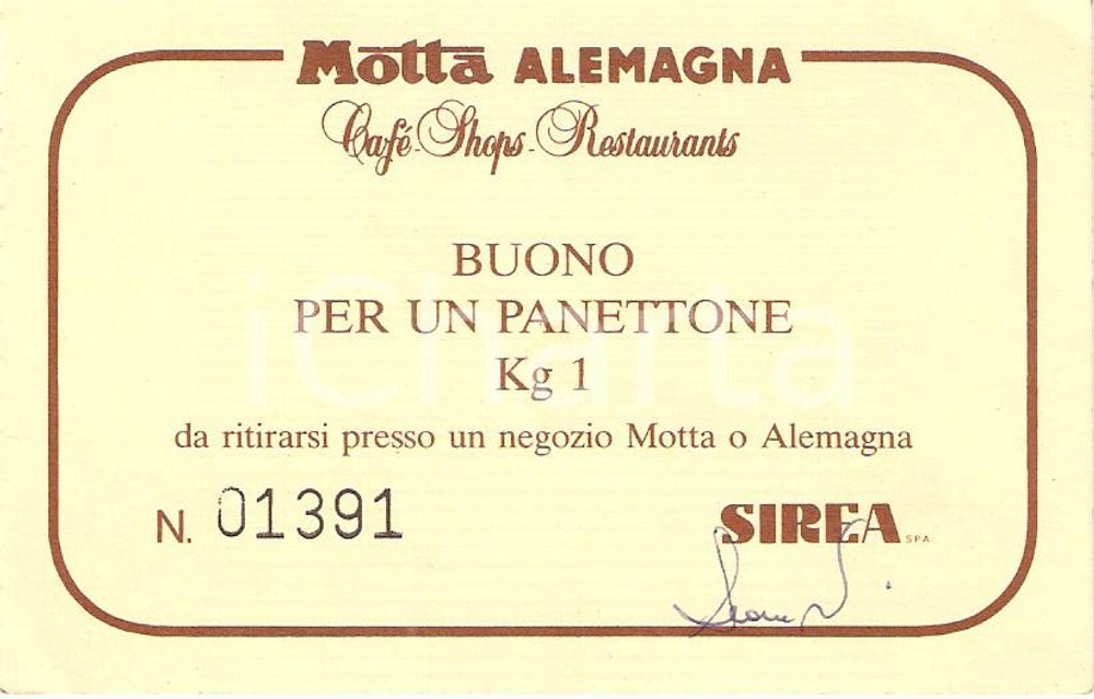 Materiale pubblicitario d’epoca 1970 ca MOTTA  ALEMAGNA Buono per panettone da 1 Kg Cartoncino pubblicitario 1