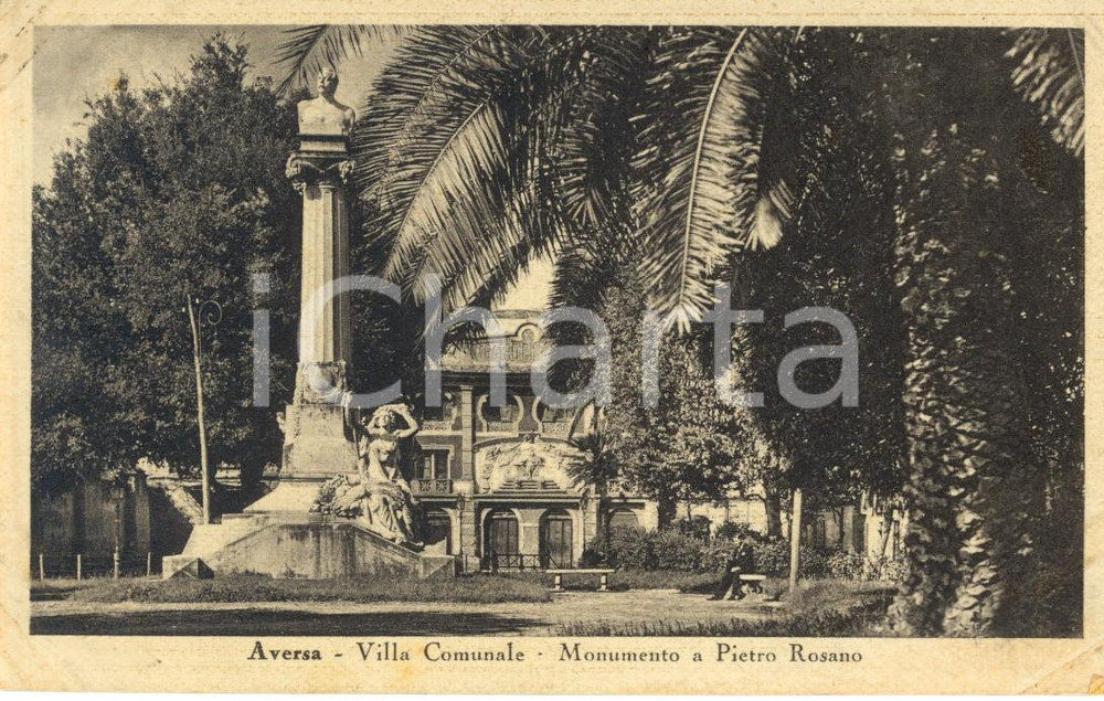Cartolina originale da collezione 1930 ca AVERSA CE Monumento a Pietro ROSANO davanti al Teatro CIMAROSA FP NV 1