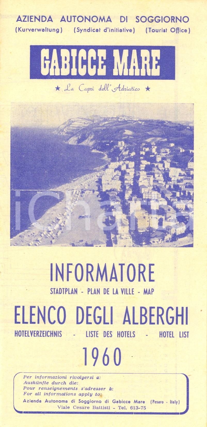 Materiale pubblicitario d’epoca 1960 GABICCE MARE PU Elenco degli alberghi e mappa della localitÃ  Opuscolo 1