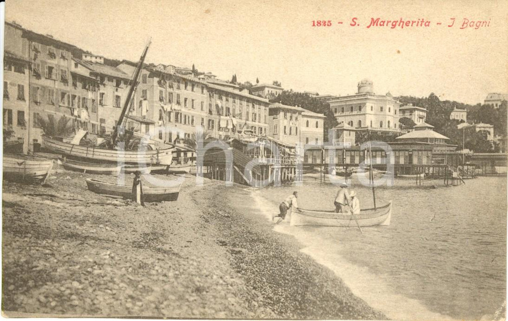Cartolina originale da collezione 1900 ca SANTA MARGHERITA LIGURE GE Veduta dei bagni ANIMATA con barca FP NV 1