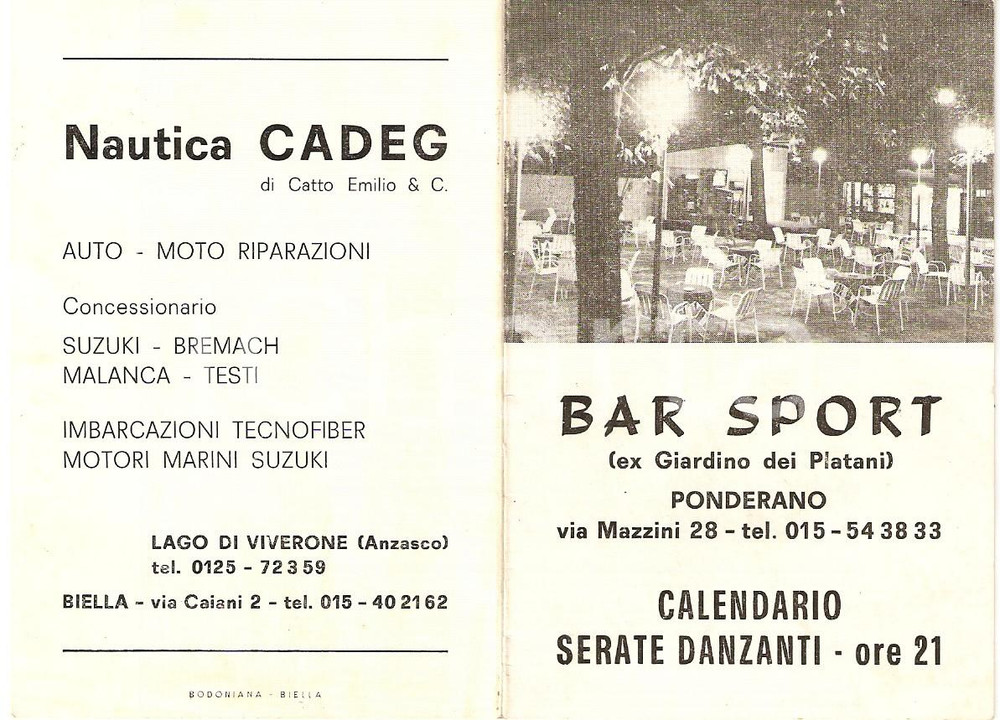 Materiale pubblicitario d’epoca 1965 ca PONDERANO BI Bar sport Serate danzanti DIAVOLI DEL LISCIO Pieghevole 1