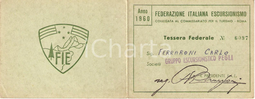 Oggetto da collezione cartaceo 1960 PEGLI Gruppo escursionistico  Tessera FEDERAZIONE ITALIANA ESCURSIONISMO 1
