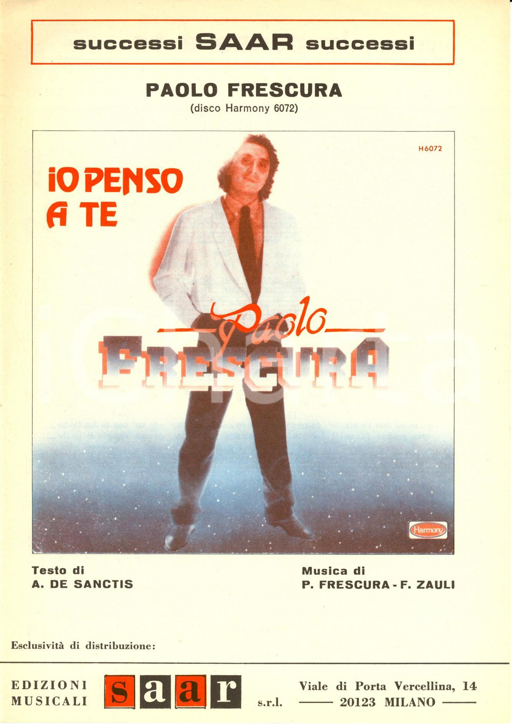 Oggetto da collezione cartaceo 1980 DE SANCTIS  FRESCURAZAULI  Io penso a te  Paolo FRESCURA interprete 1