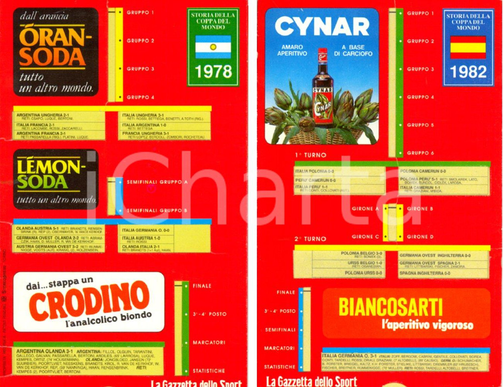 Materiale pubblicitario d’epoca 1982 ca GAZZETTA DELLO SPORT Storia Mondiali 1978 1982 ORANSODA CRODINO CYNAR 1